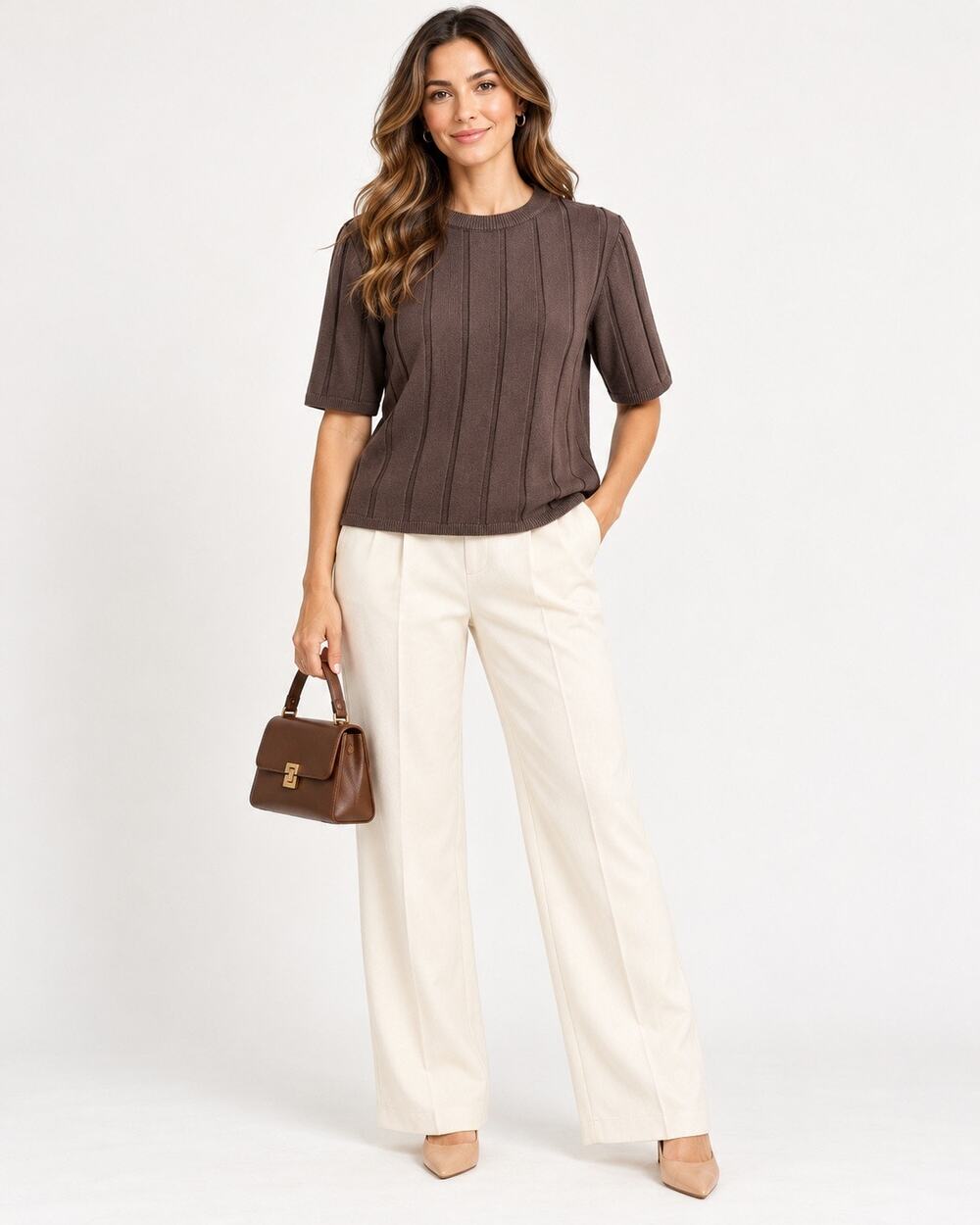 House of Harlow 1960 Brown Ribbed Knit Sweater Top Short Sleeve Size S
